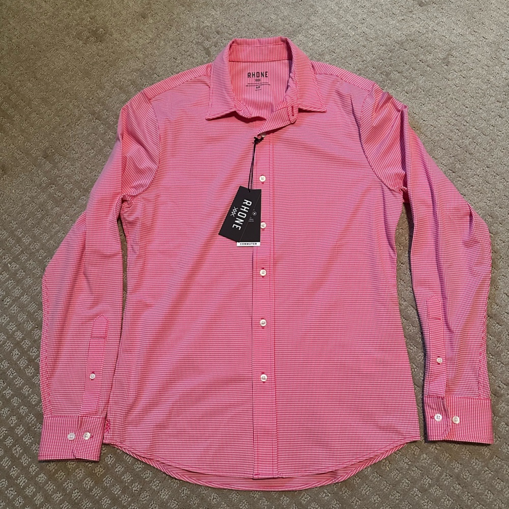 NEW Rhône commuter slim fit stretch performance dress shirt pink gingham small